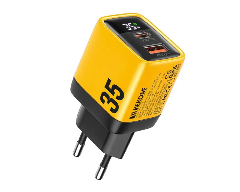 WEKOME WP-U25 Super brzi Strujni GaN Punjač, 2-porta USB (3.0 i 3.1 Tip-C) 35W, sa displejom, žuti - Glavna slika