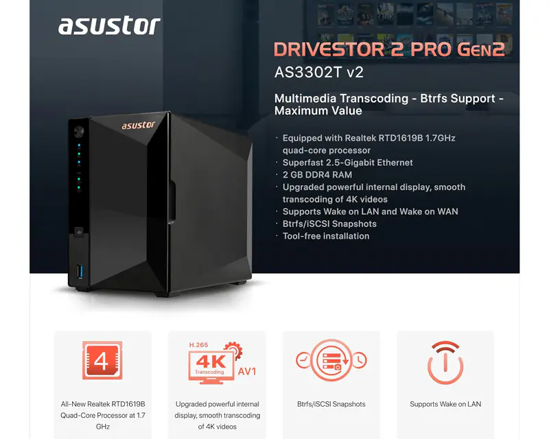ASUSTOR NAS Storage Server DRIVESTOR 2 Pro AS3302T v2 - Slika proizvoda 5