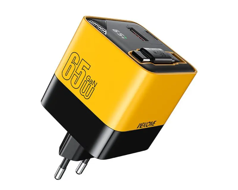 WEKOME WP-U39 Superbrzi Strujni GaN punjač, 2-porta USB (3.0 i 3.1 tip C) 65W sa displlejom i USB 3.1 tip C kablom 0.8m, žuti - Glavna slika