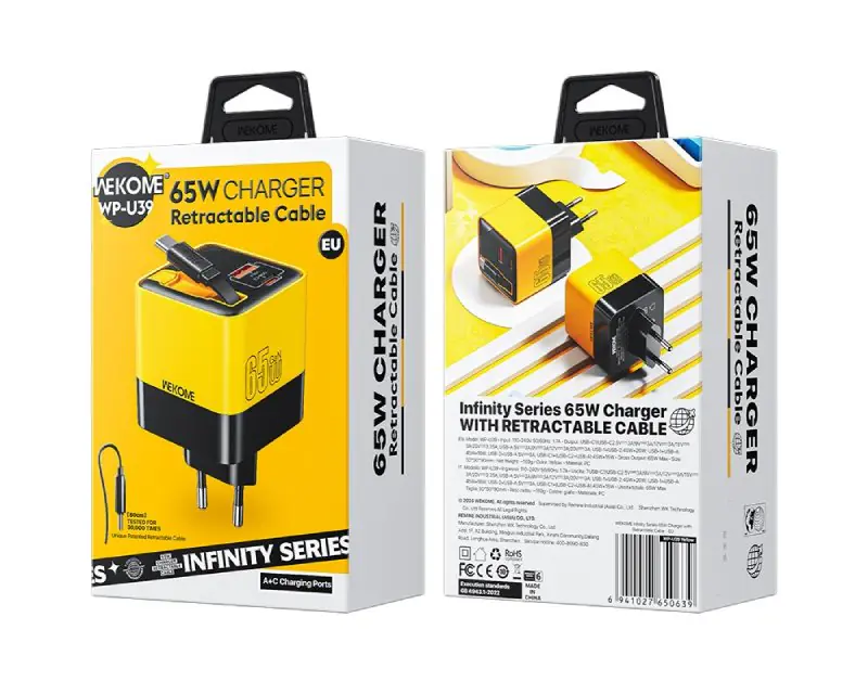 WEKOME WP-U39 Superbrzi Strujni GaN punjač, 2-porta USB (3.0 i 3.1 tip C) 65W sa displlejom i USB 3.1 tip C kablom 0.8m, žuti - Slika proizvoda 2