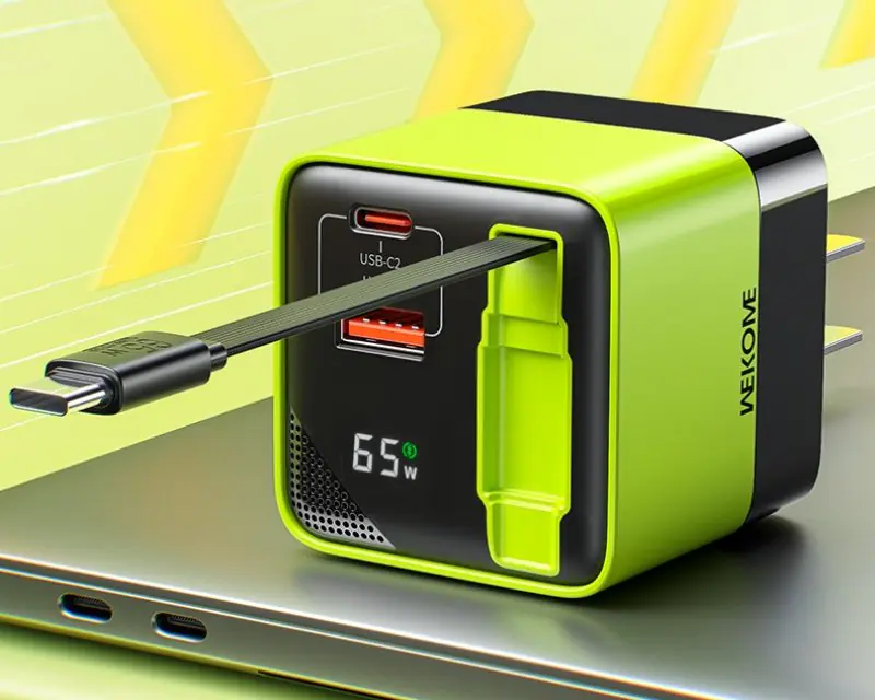 WEKOME WP-U39 Superbrzi Strujni GaN punjač, 2-porta USB (3.0 i 3.1 tip C) 65W sa displlejom i USB 3.1 tip C kablom 0.8m, žuti - Slika proizvoda 3