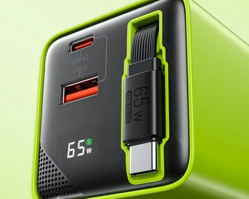 WEKOME WP-U39 Superbrzi Strujni GaN punjač, 2-porta USB (3.0 i 3.1 tip C) 65W sa displlejom i USB 3.1 tip C kablom 0.8m, žuti - Slika proizvoda 6