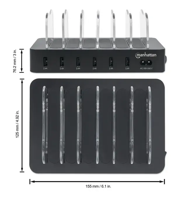 MANHATTAN USB punjač 6-port Manhattan 102254 5V/2.4V/50W/držač za telefon Crni - Slika proizvoda 2