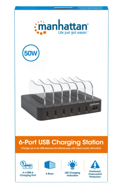 MANHATTAN USB punjač 6-port Manhattan 102254 5V/2.4V/50W/držač za telefon Crni - Slika proizvoda 3
